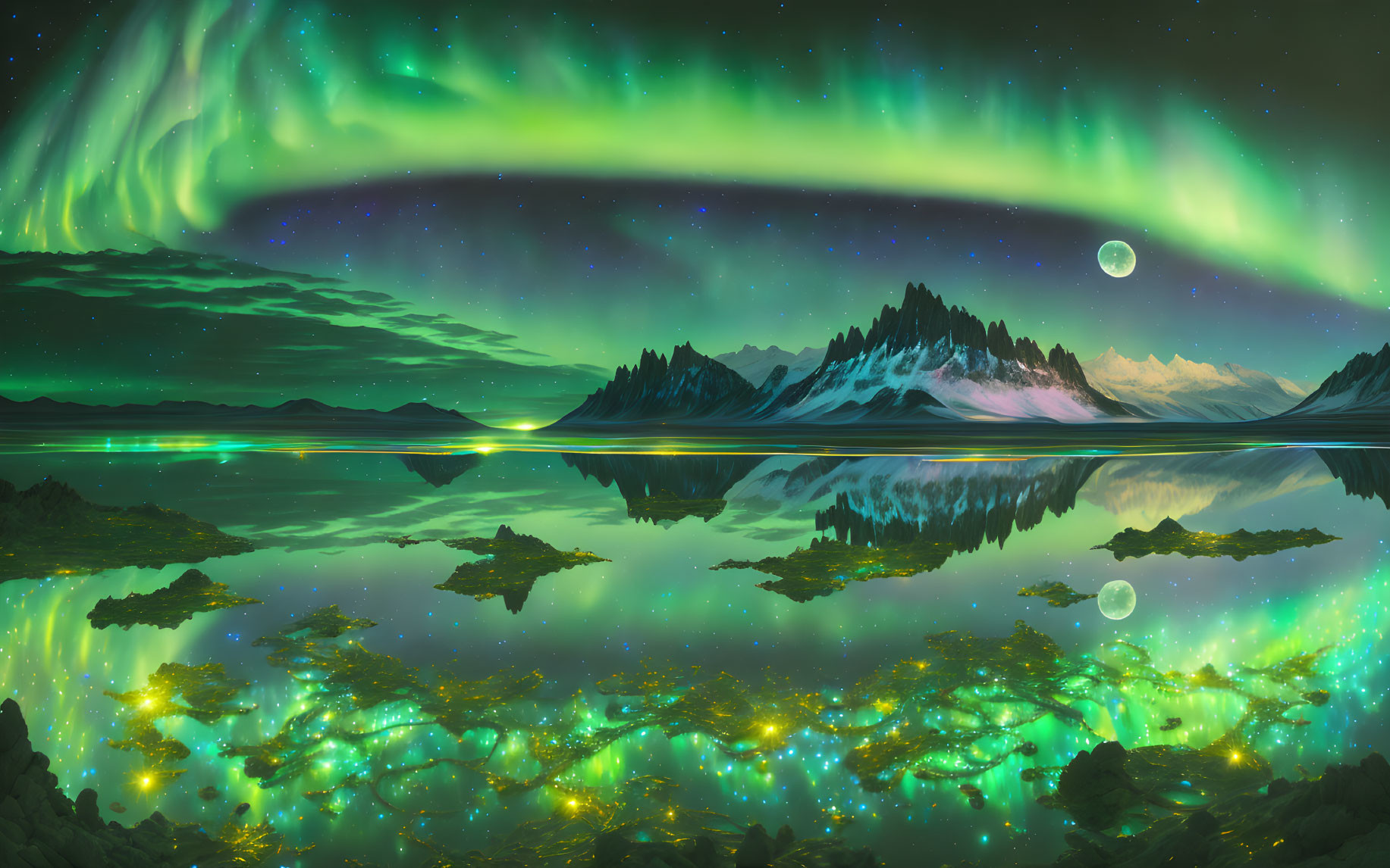 Starry night sky with aurora borealis over lake and mountains