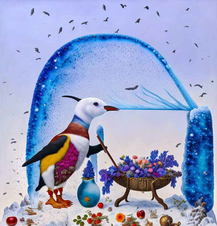 Colorful Bird with Shovel by Water-Spewing Archway and Whale