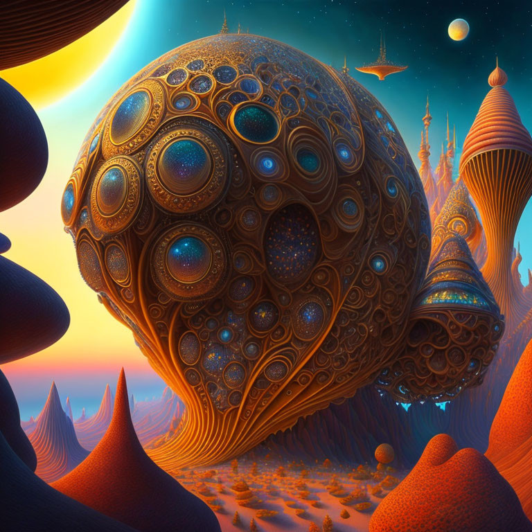 Fantastical landscape with spherical structures, spire-topped buildings, alien terrain, multiple moons,