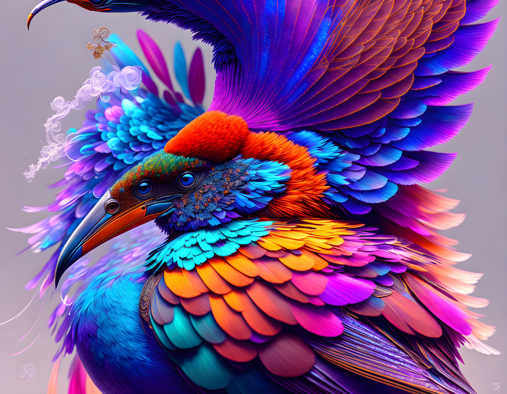 Colorful Stylized Bird Artwork with Crown in Blue, Purple, and Orange