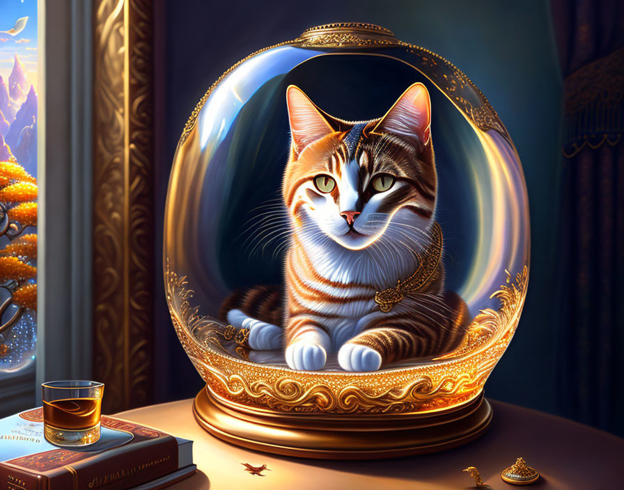 Regal cat in glass globe with whiskey, books, mountain view at dusk