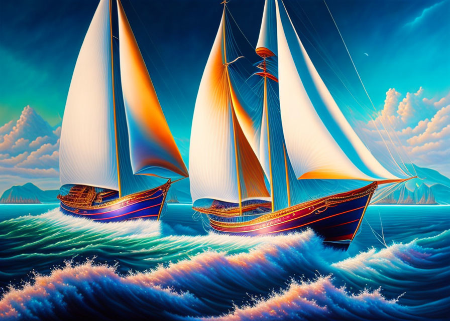 Colorful sailboats on blue sea with mountain backdrop