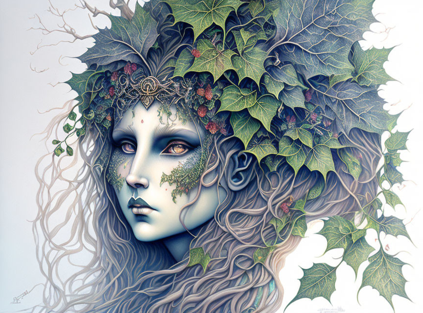 Detailed mystical woman illustration with floral elements