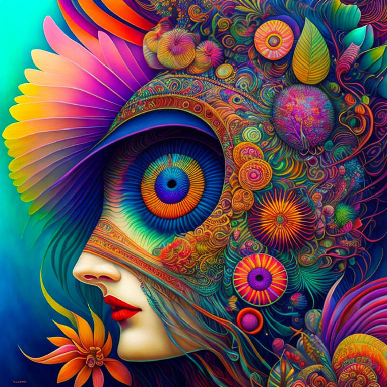 Colorful Psychedelic Artwork Featuring Woman's Face and Floral Abstract Patterns