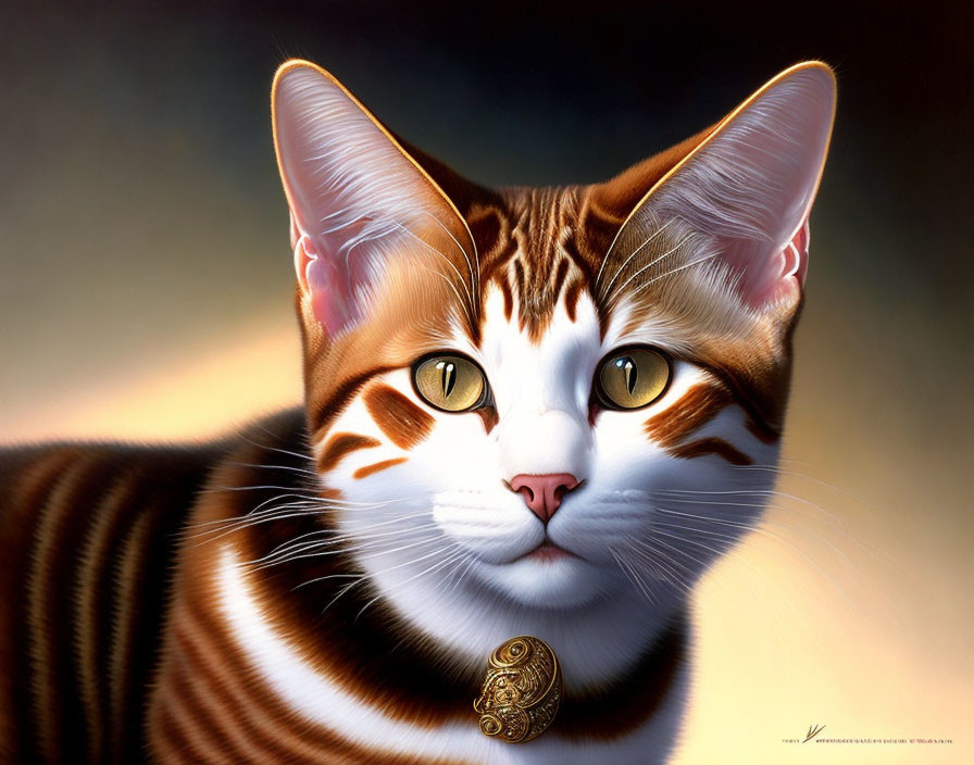 Hyper-realistic brown and white striped cat illustration with captivating golden eyes and 'M' marking