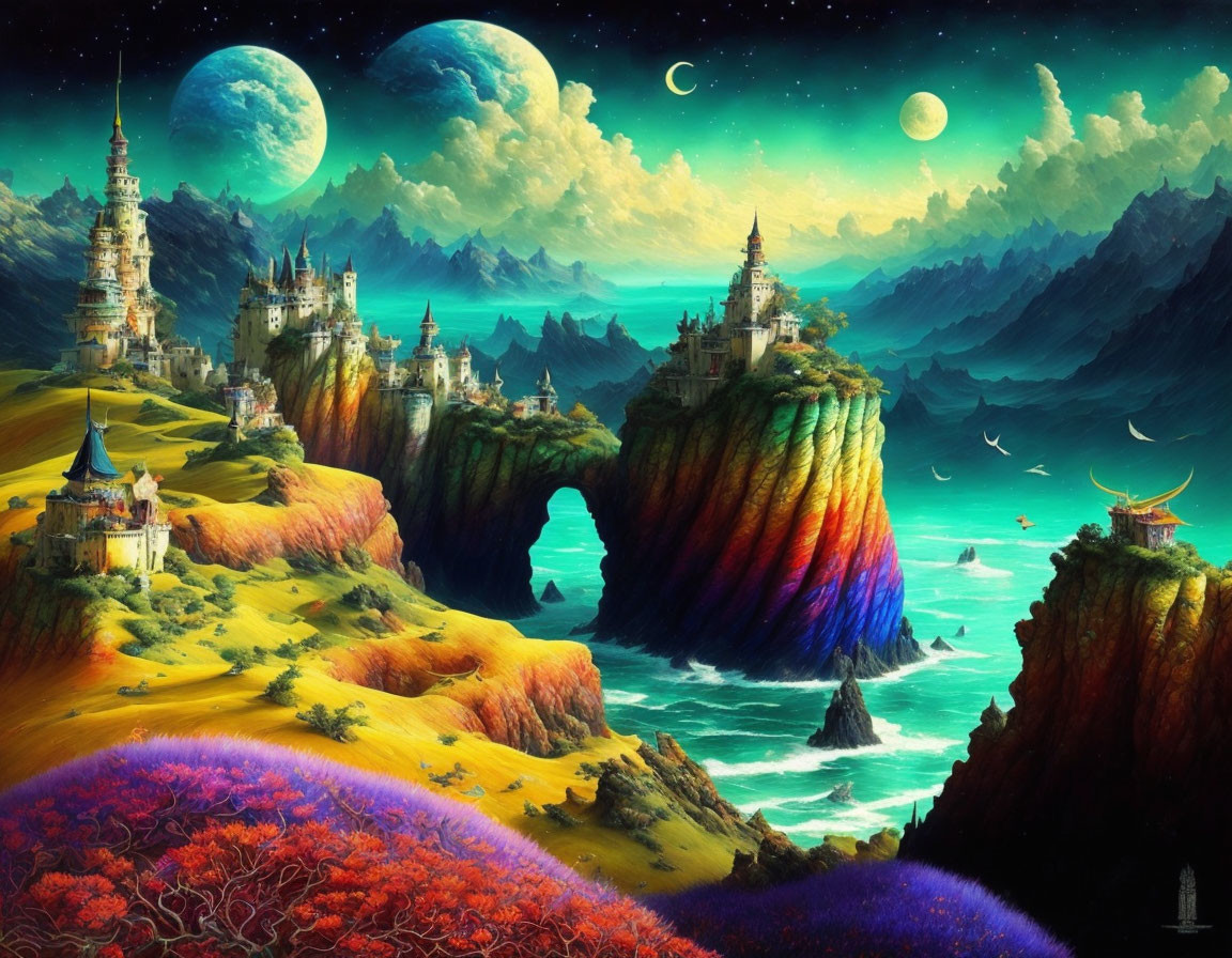 Colorful Fantasy Landscape with Castles, Moons, Flora, and Sea