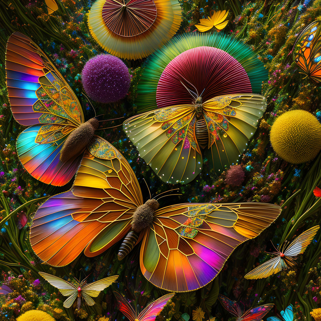 Colorful digital art featuring ornate butterfly wings in a vibrant floral setting