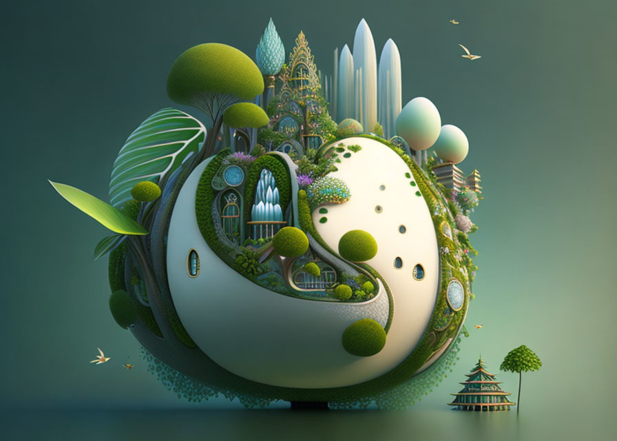 Surreal circular landscape with fantasy architecture and floating elements