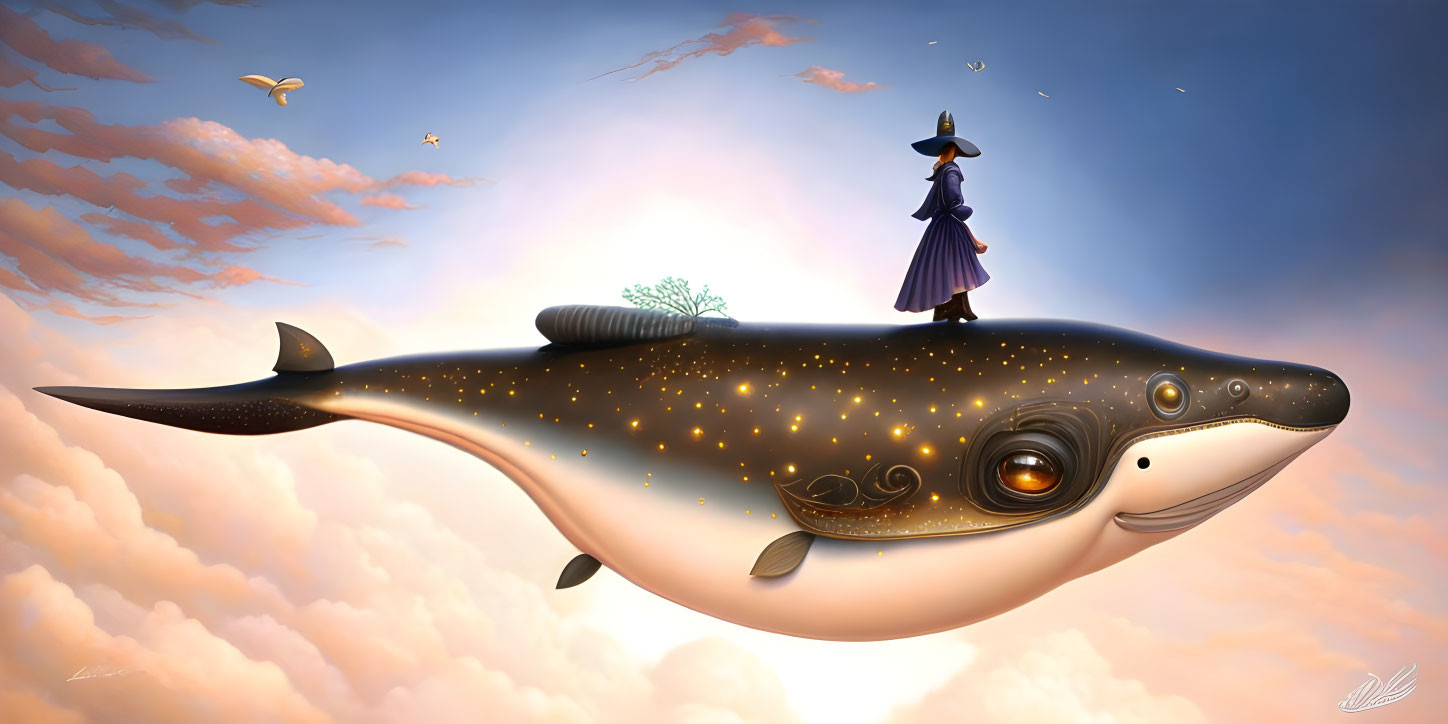 Person on Flying Whale in Pastel Sky with Birds Illustration