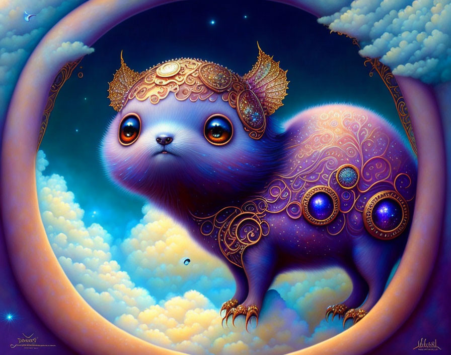 Blue feline creature with golden patterns in dreamy cloudscape