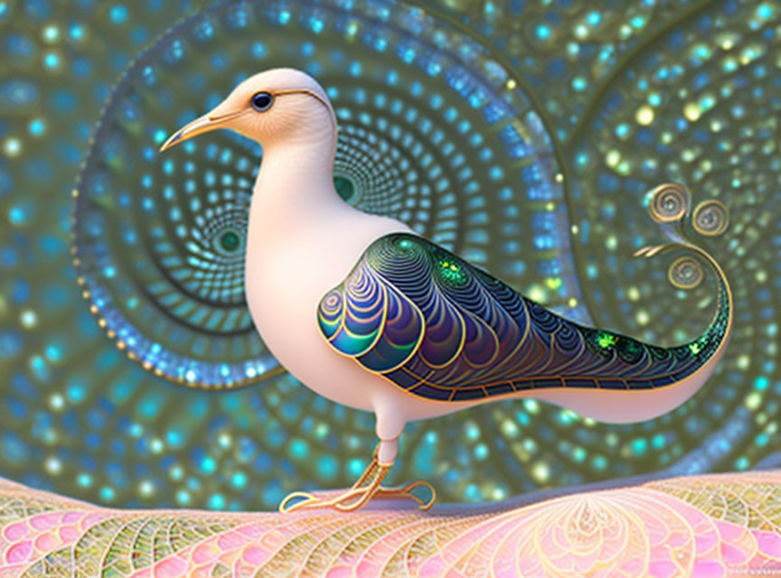 Stylized bird with intricate patterns against colorful fractal backdrop