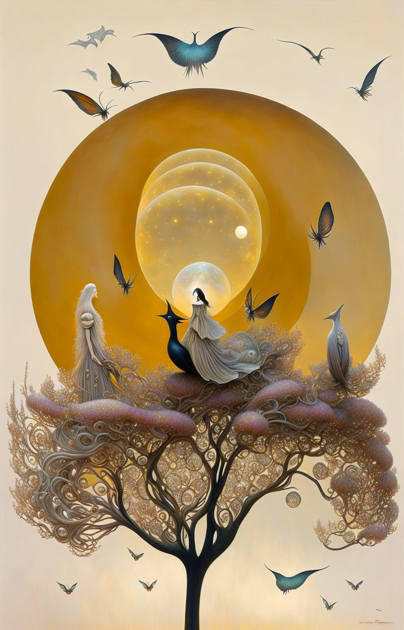 Ethereal artwork: Two robed figures under golden moon with birds