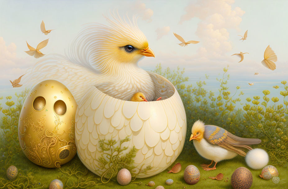 Fantastical oversized bird with golden egg and butterflies in serene landscape