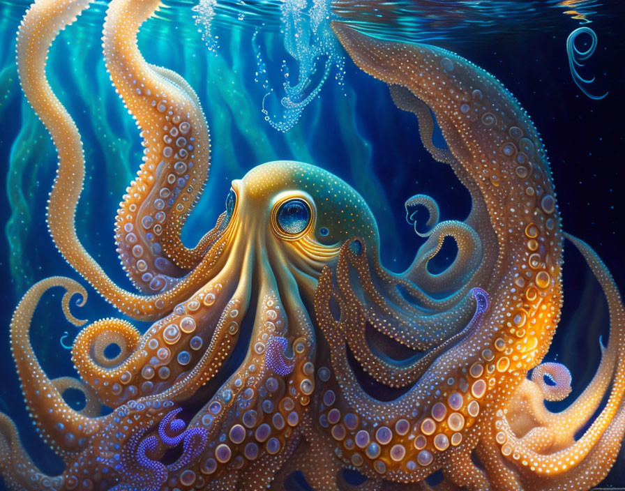 Detailed Octopus Illustration with Swirling Tentacles in Blue Underwater Scene