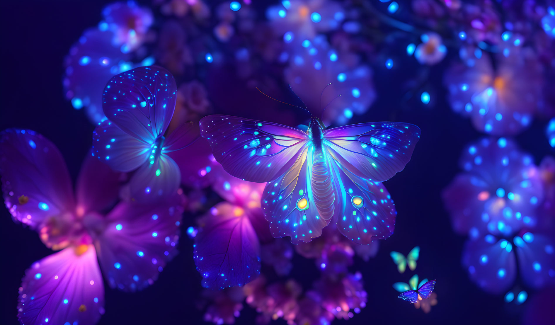 Vivid Blue Butterfly with Glowing Patterns Surrounded by Neon-lit Flowers