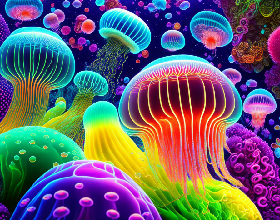 Colorful digital artwork of neon jellyfish and sea life.