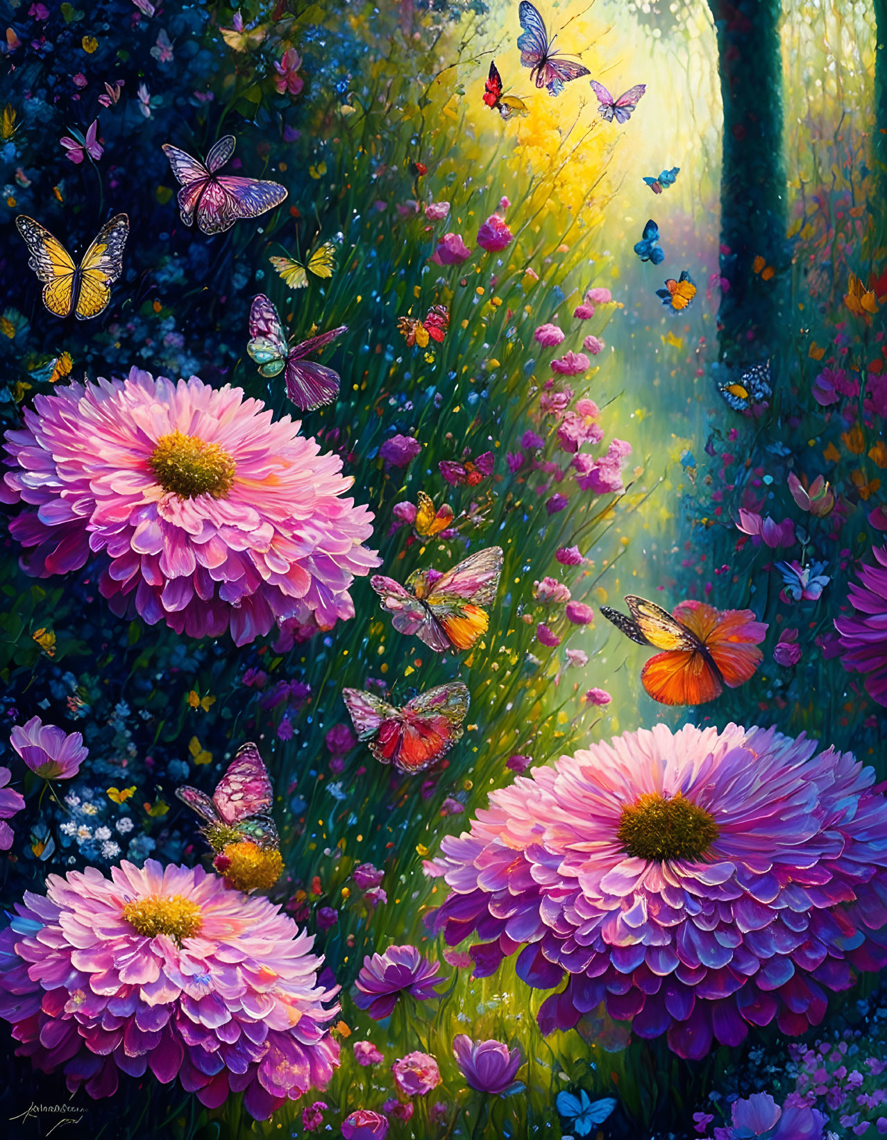 Large Pink Flowers and Butterflies in Enchanted Forest Scene