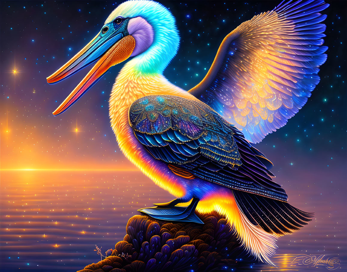 Vibrant digital artwork: Pelican with luminescent feathers in twilight sky