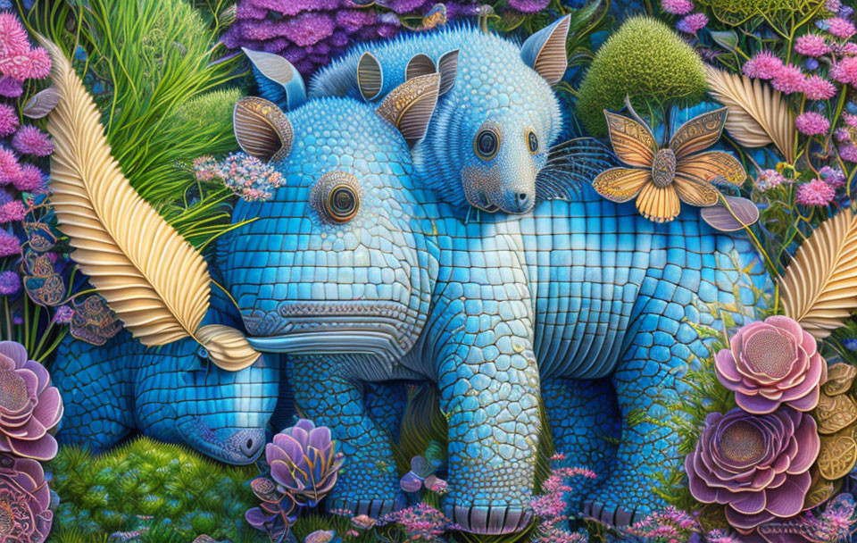 Vibrant blue armadillo-like creatures in colorful garden setting with intricate plant details.