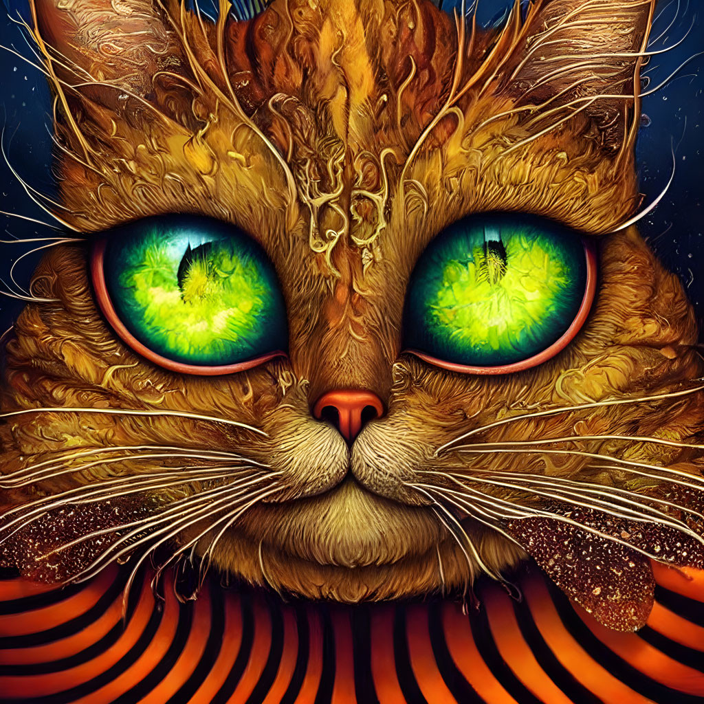 Detailed Vibrant Cat Illustration with Green Eyes & Whimsical Patterns