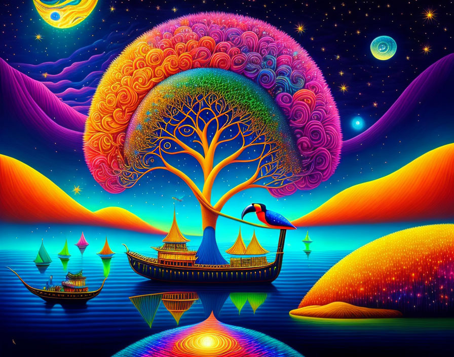 Colorful Artwork: Whimsical Tree, Bird, Lanterns, Water, Hills, Star