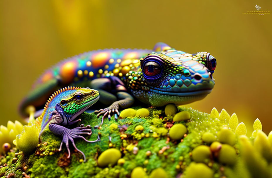 Vibrant green mossy surface with colorful lizards and plants