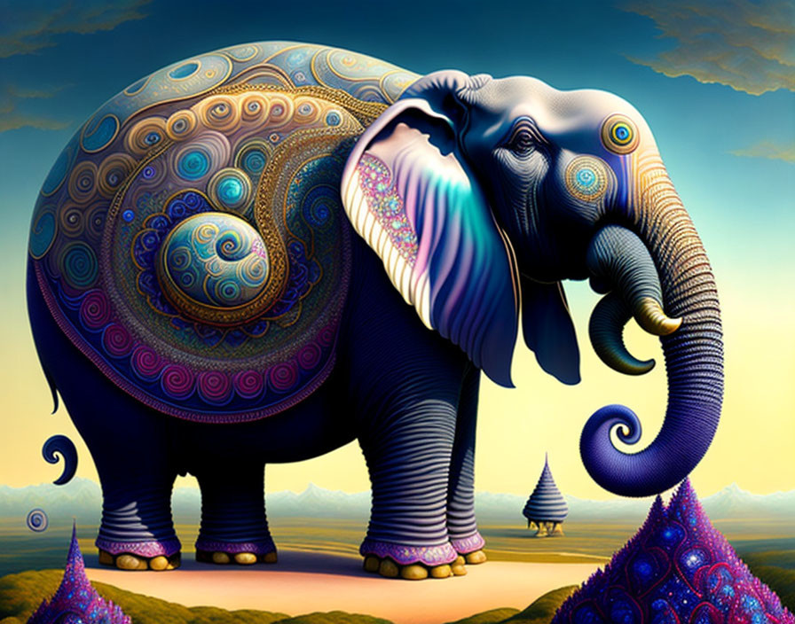 Colorful Ornate Elephant in Surreal Landscape with Decorated Hills