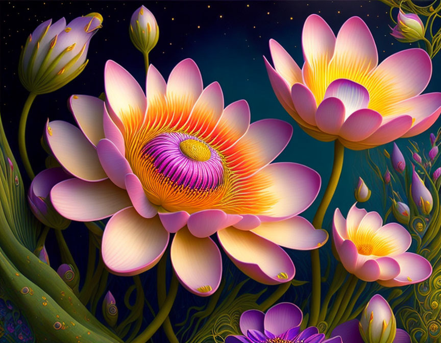 Luminous lotus flowers on starry night background