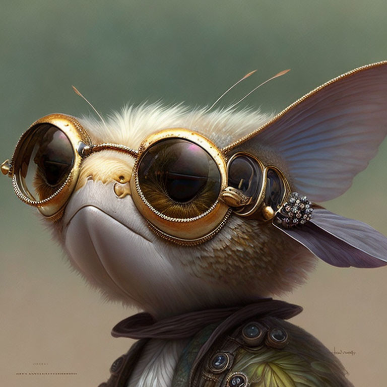 Fantastical avian creature with steampunk goggles and decorative jacket