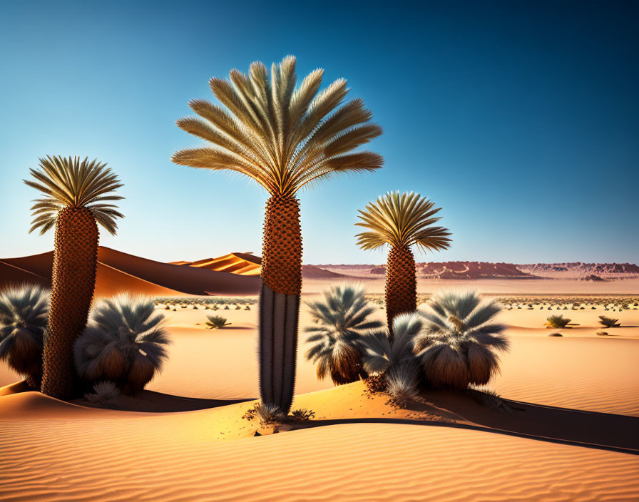 Barren desert scene with sand dunes, unique palm-like trees, and clear blue sky