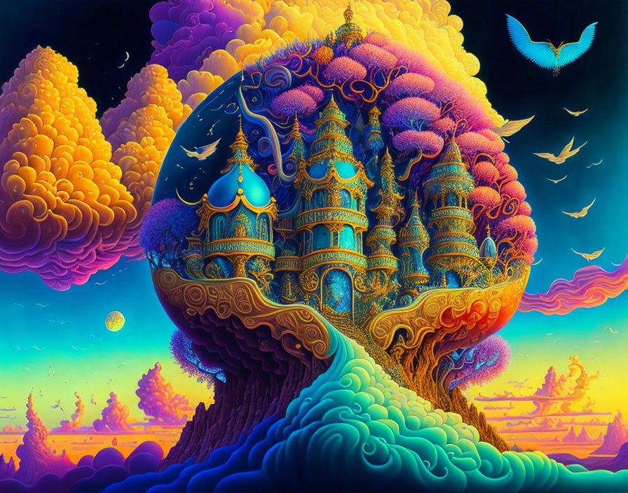 Surreal landscape with fantastical tree and ornate palaces under twilight sky