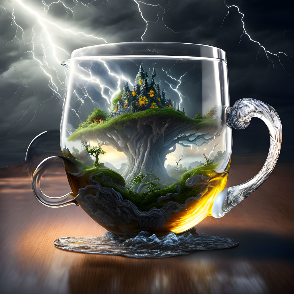 Transparent teacup with vibrant miniature world under stormy sky