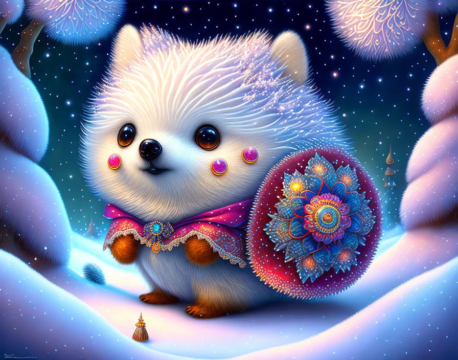 Fluffy white hedgehog in snowy landscape with decorated trees