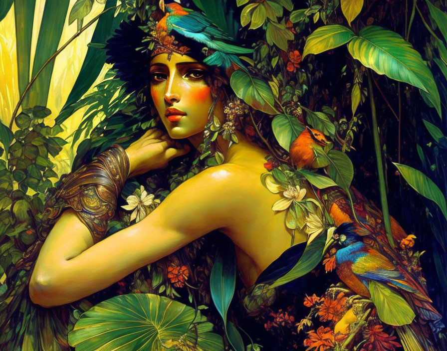 Colorful illustration of woman with exotic adornments in lush tropical setting