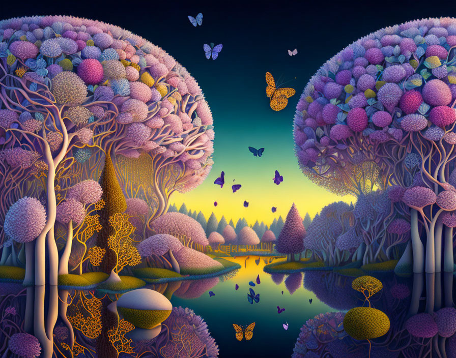 Fantastical Twilight Landscape: Purple Trees, Serene Lake, Butterflies