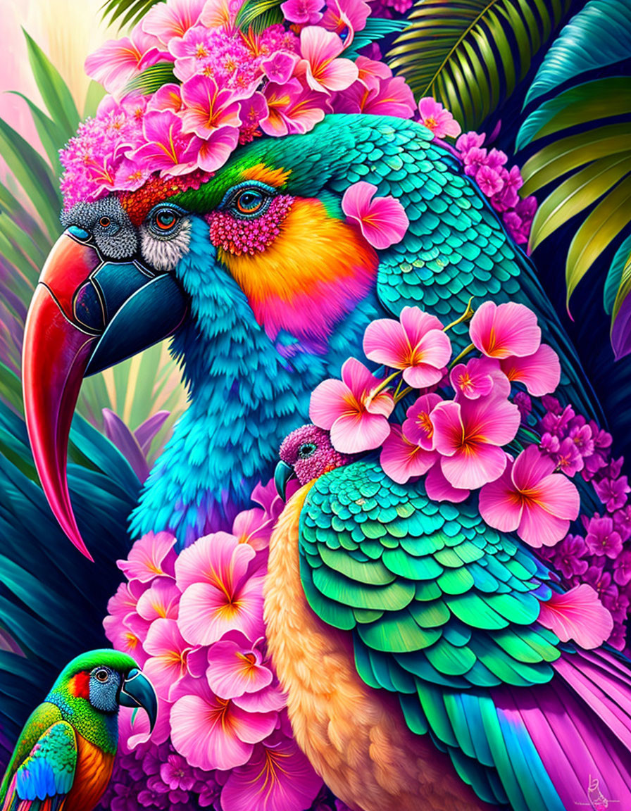 Colorful Parrot Illustration with Tropical Flowers in Pinks, Purples, and Greens