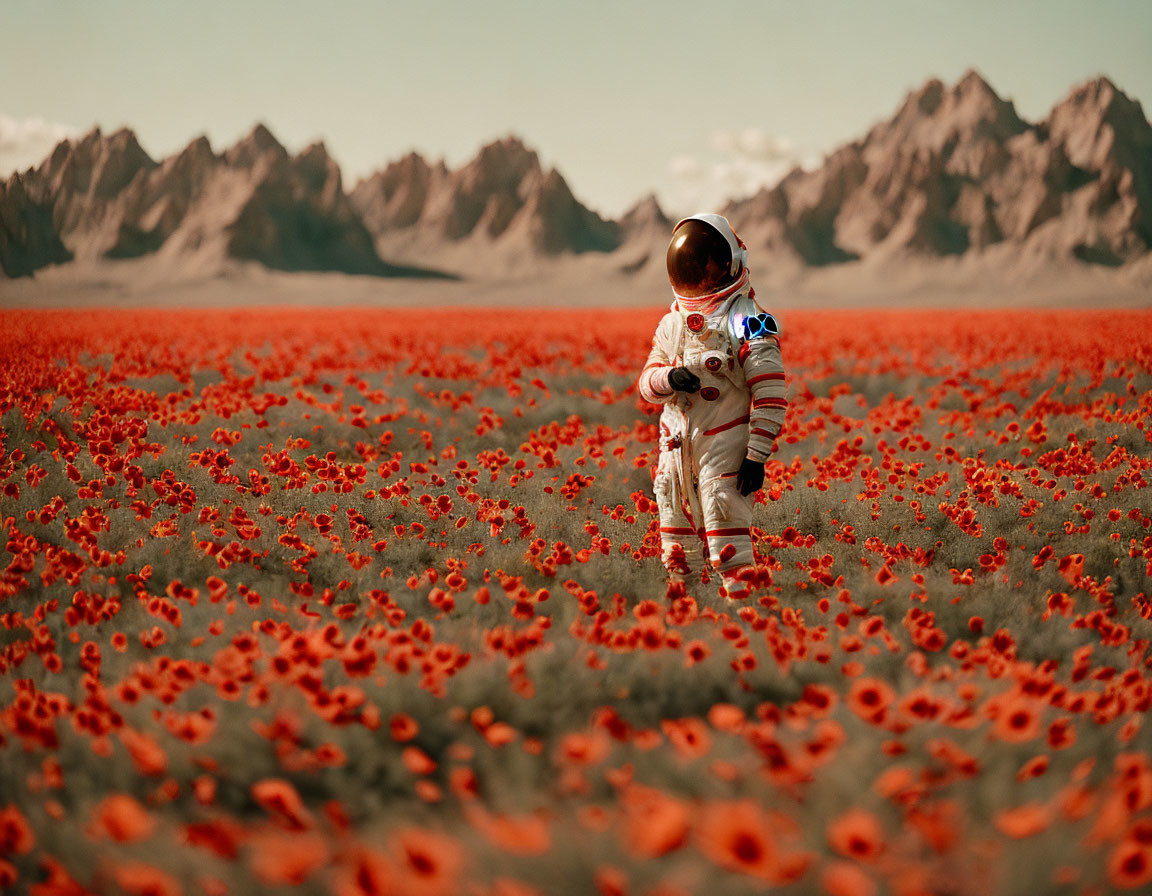 Astronaut in spacesuit explores red poppy field with mountain backdrop