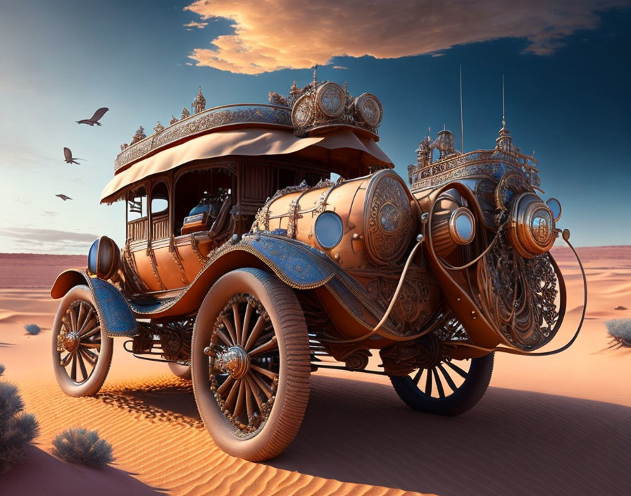 Steampunk-style vehicle in desert landscape with flying birds