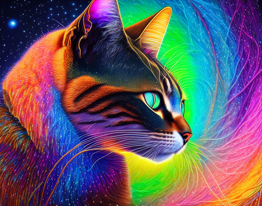 Colorful Cosmic Cat Artwork Against Starry Space Backdrop