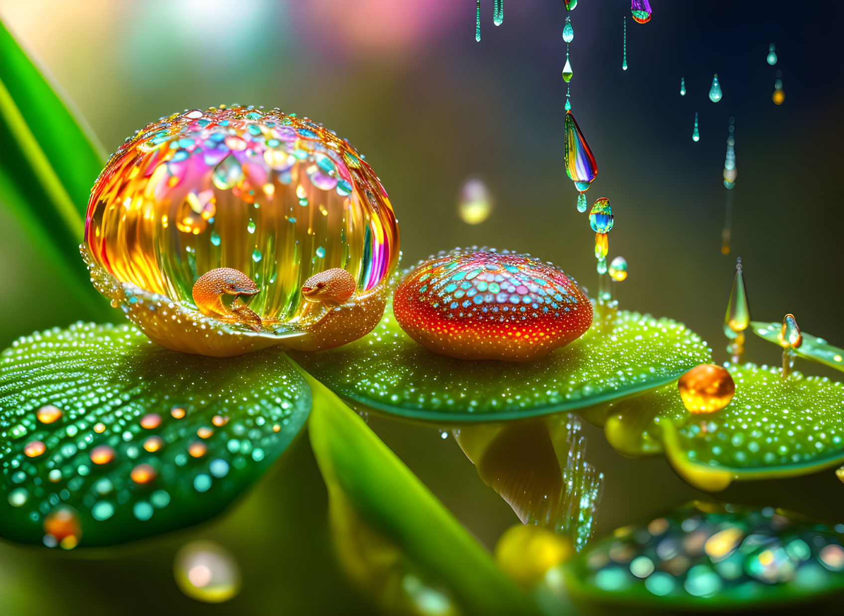 Colorful Water Droplets on Leaves with Rainbow Bubble in Dreamlike Scene