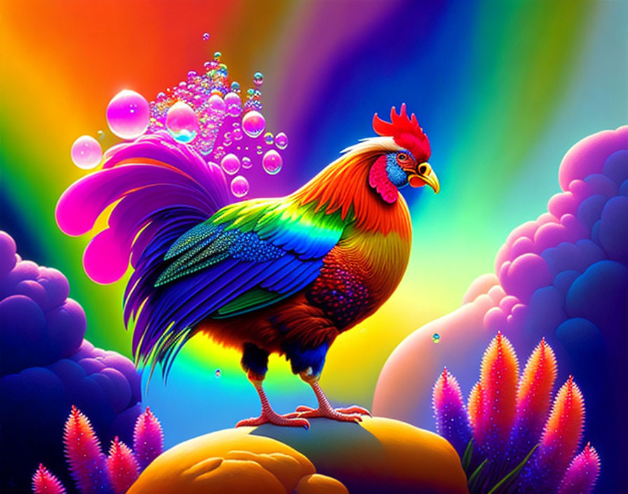 Colorful Rooster in Fantasy Landscape with Iridescent Plants