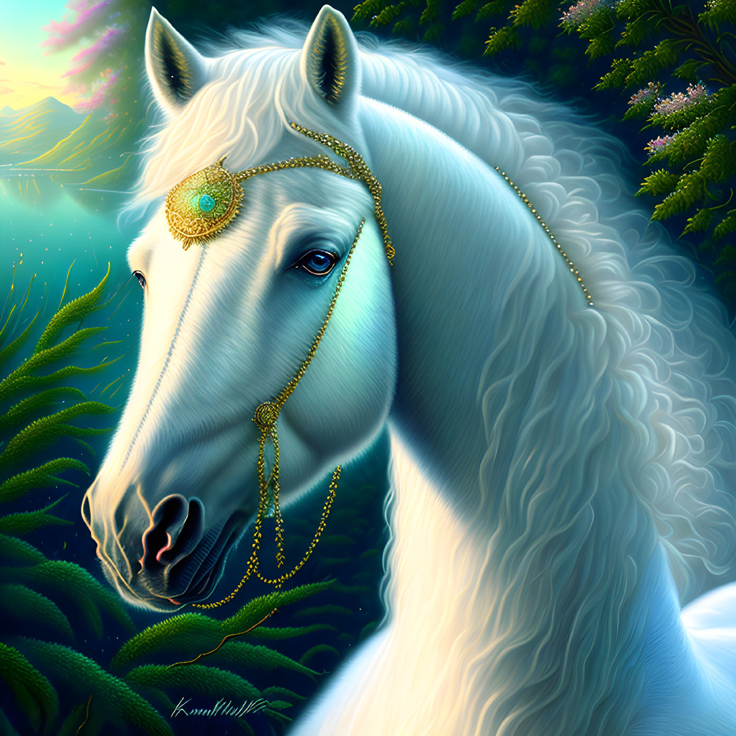 Majestic white horse with gold jewelry in mystical nature setting