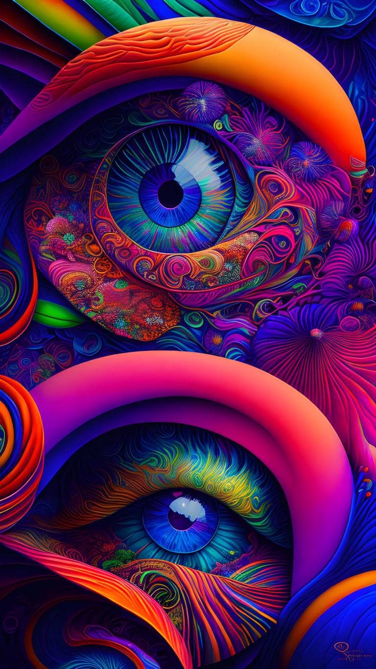 Colorful surreal digital artwork: Detailed eyes in swirling patterns