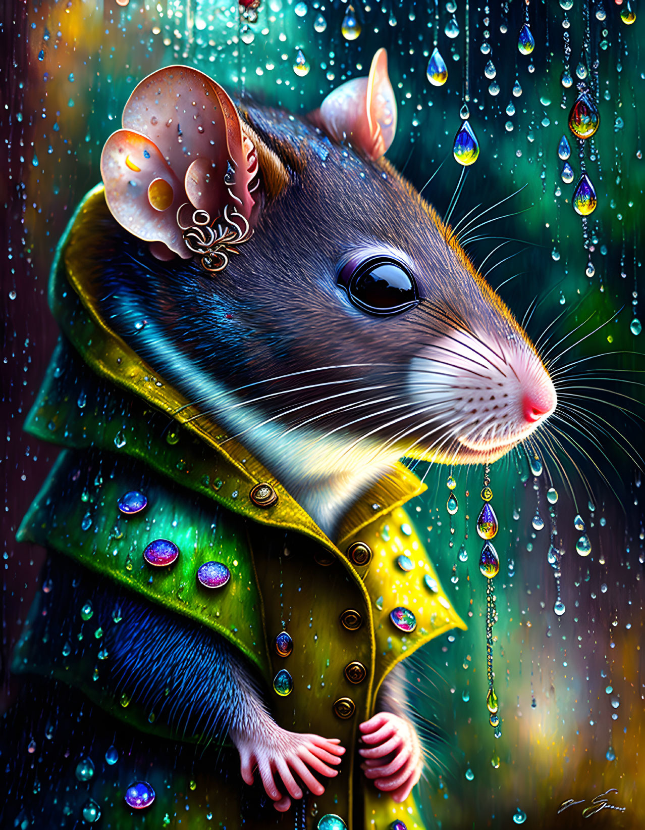 Mouse in Green Raincoat Surrounded by Sparkling Lights and Water Droplets