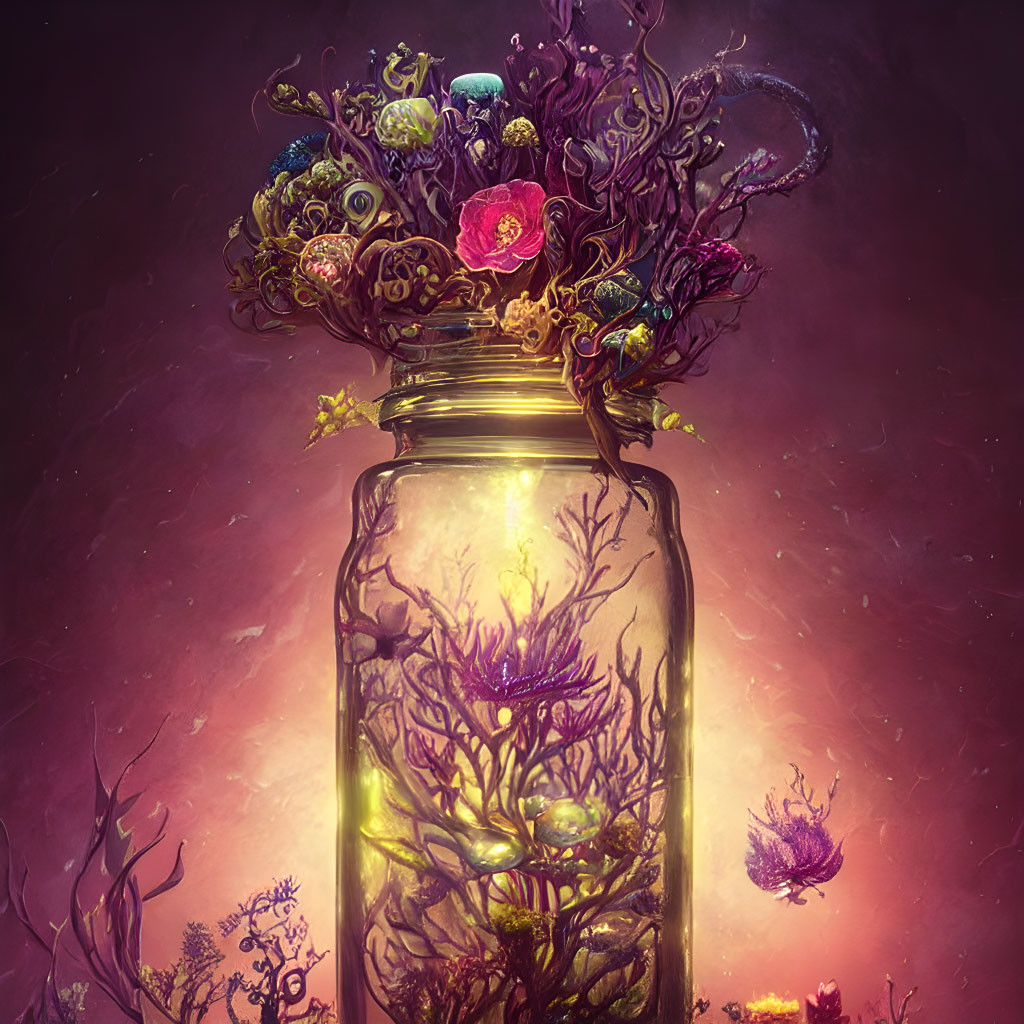 Mystical glowing jar with vibrant ecosystem and fanciful plants and creatures