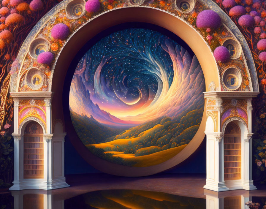 Digital Artwork: Surreal Landscape with Swirling Skies and Classical Arches