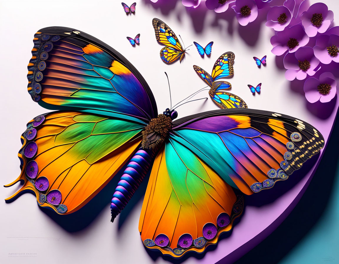 Colorful Oversized Butterfly Artwork with Intricate Patterns and Purple Flowers