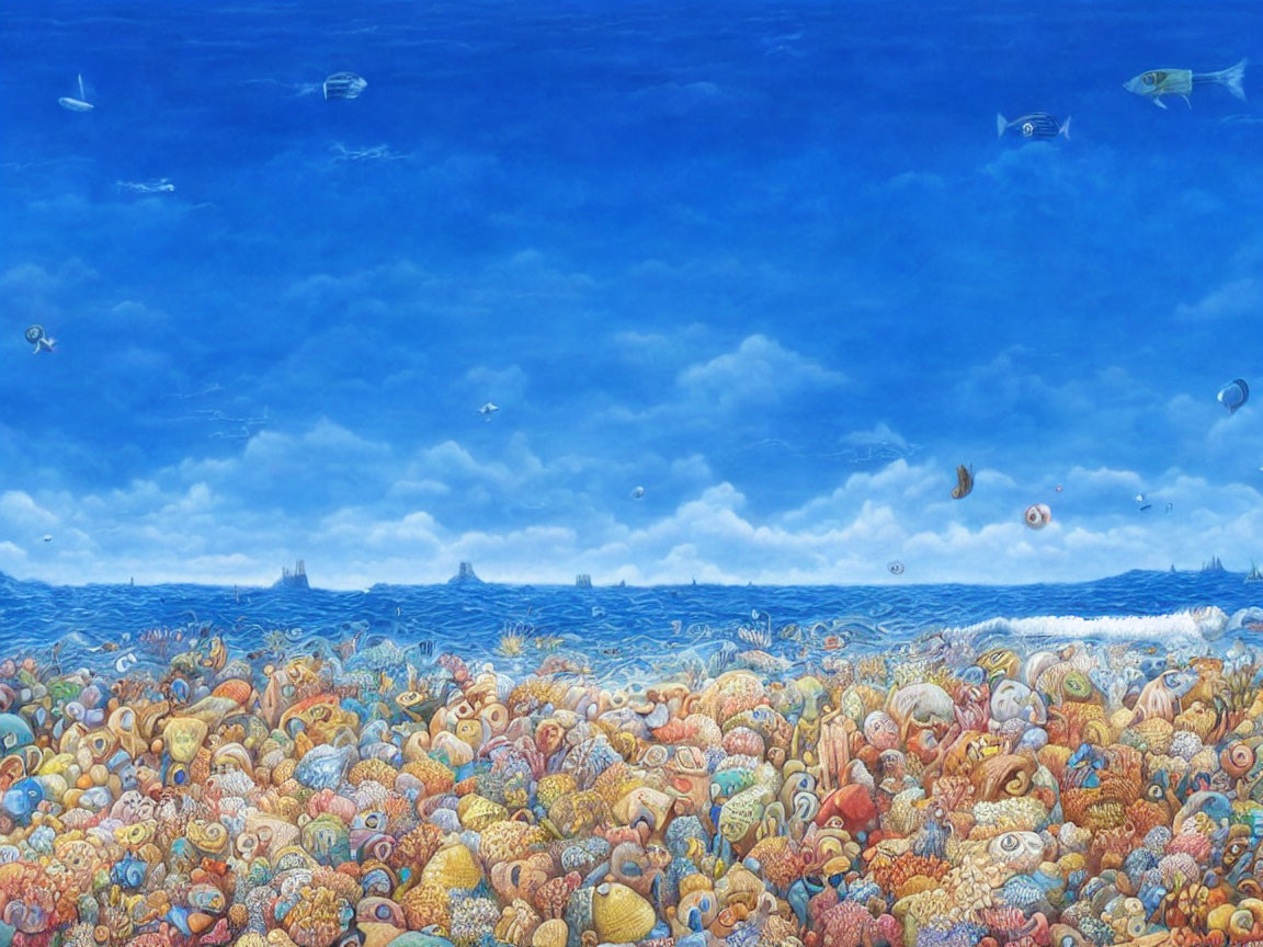 Vibrant oceanscape with colorful sea shells and fish in clear blue water