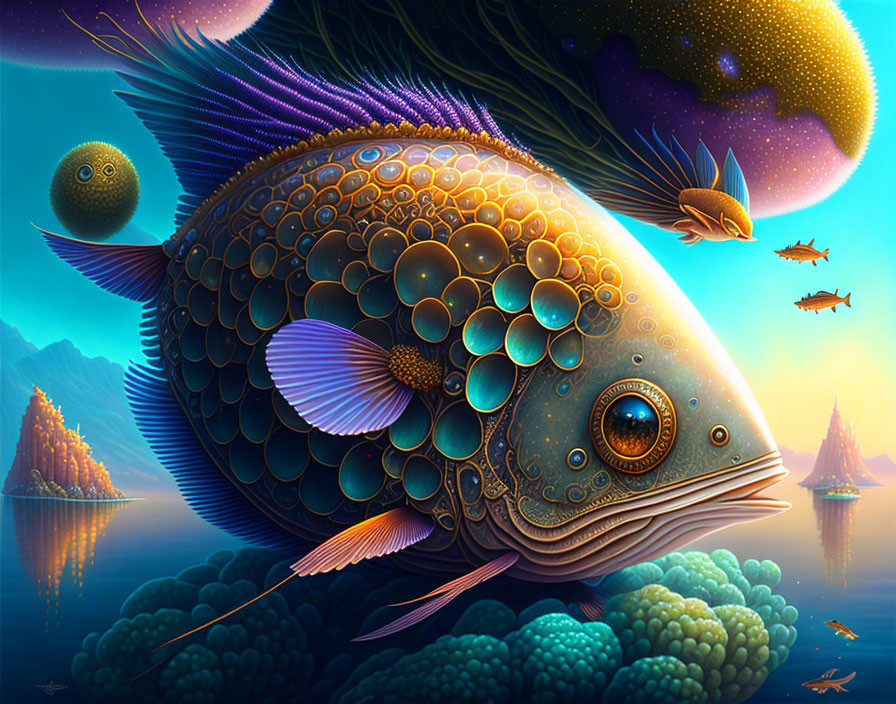 Colorful surreal artwork: large ornate fish in fantastical sea