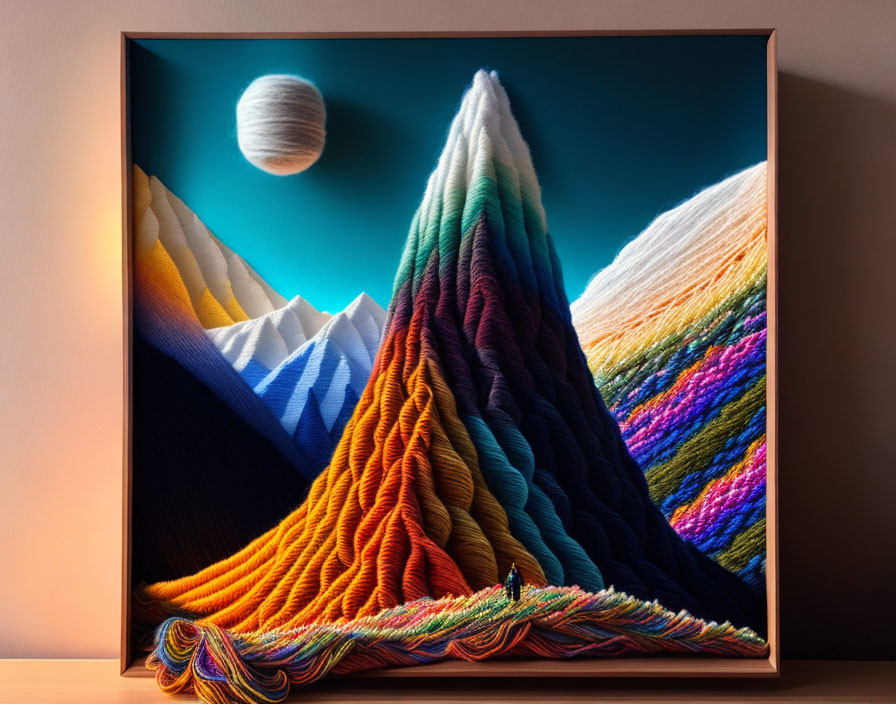 Colorful textured mountains artwork with yarn and thread on stand.